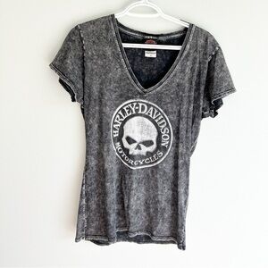 Harley Davidson Gray Skull Paris France Graphic V Neck Short Sleeve Tee Medium